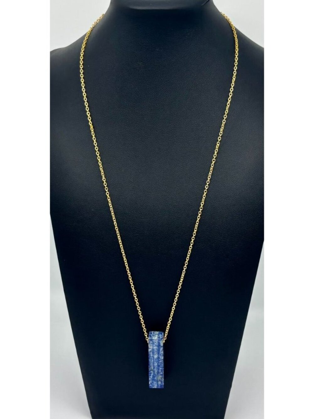 Lapis Lazuli Half-Inch Thick Rectangular Pendant Necklace W/Long Gold-Tone Chain